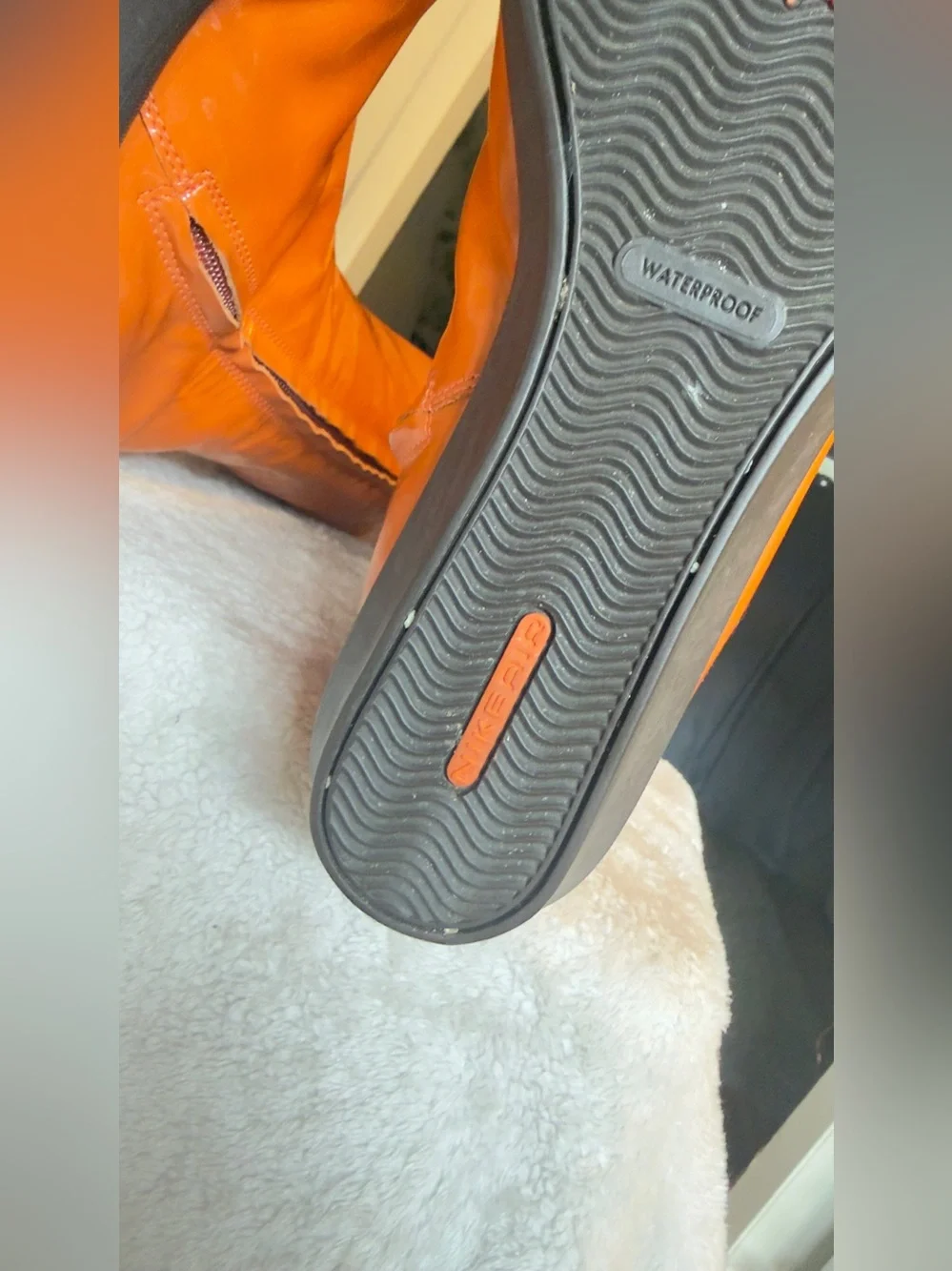 Cole Haan Orange Waterproof Patent Leather Tall Wedge Rain Boots Size 7.5 B